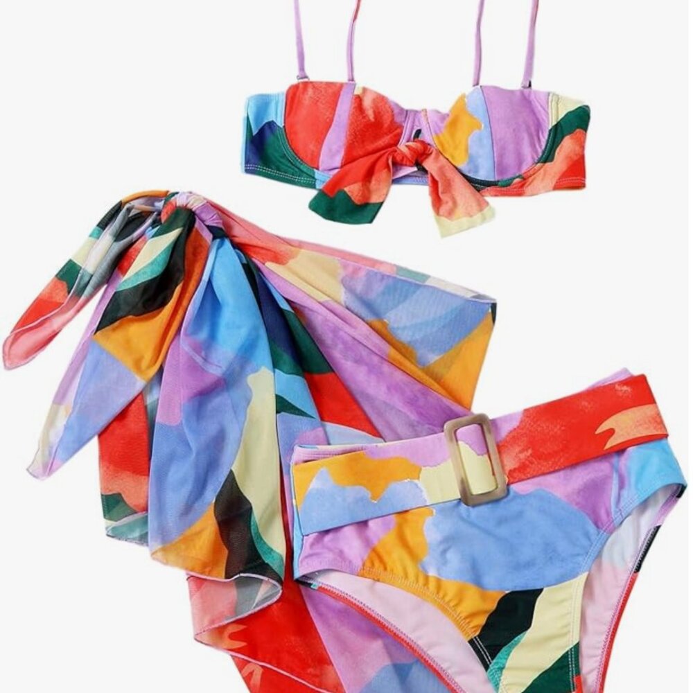 Retro look - Women's 3 Piece Graphic Belted Bikini Set Swimsuit and Cover Up